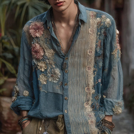 Men's Vintage Bohemian Floral And Stripe Embroidered Linen Shirt artswardrobe