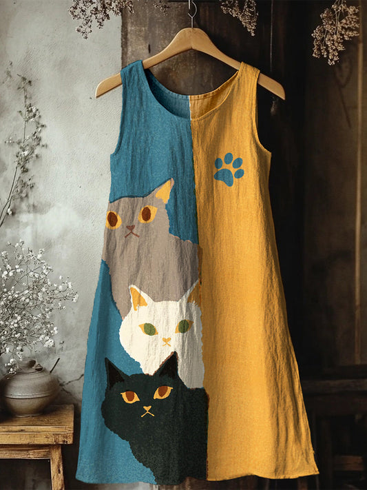 Comstylish Cute Peeking Cats Pattern Linen Tank Dress