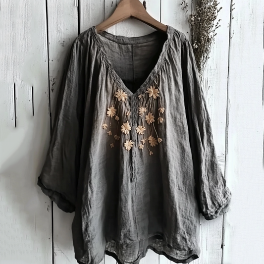 Comstylish Vintage Floral Embroidered V Neck Comfy Shirt