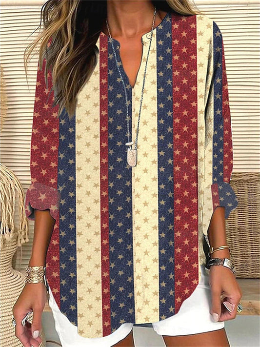 Comstylish Vintage Independence Day Flag Element Women's Long Sleeve Shirt