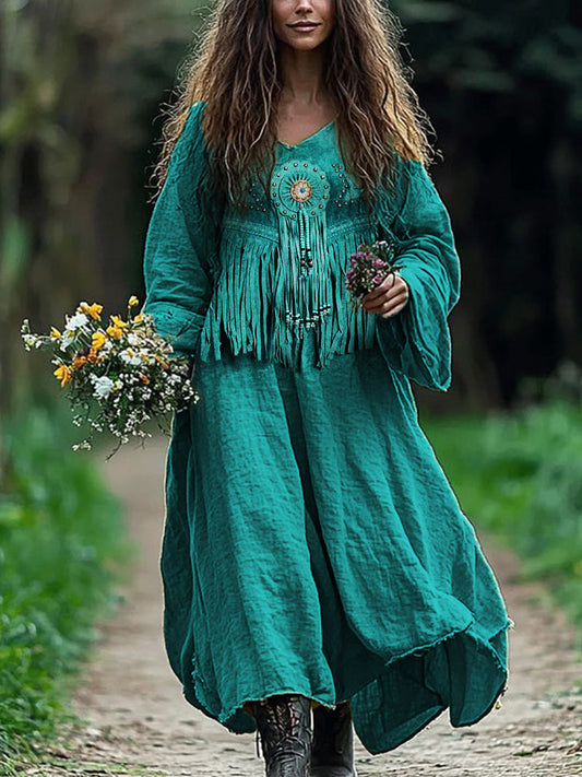 Western Turquoise Beaded Tassels Flowy Linen Blend Maxi Dress artswardrobe