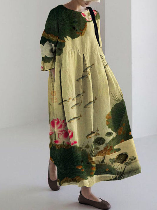 Comstylish Fish & Lotus Pond Japanese Art Linen Blend Maxi Dress
