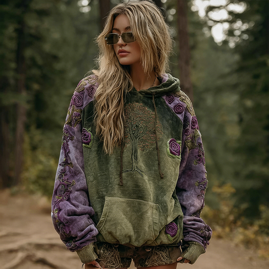 Comstylish Retro Bohemian Style Plant Flower Pattern Gradient Women's Flannel Sweatshirt