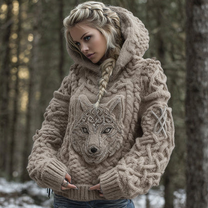 Women's Viking Celtic Wolf Knit Jacquard Warm Hooded Sweater elevenforest
