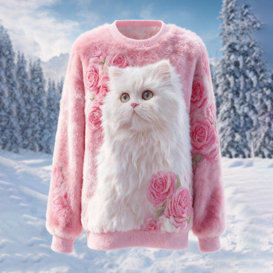 Comstylish Women's Cat And Flower Pattern Crew Neck Plush Sweatshirt