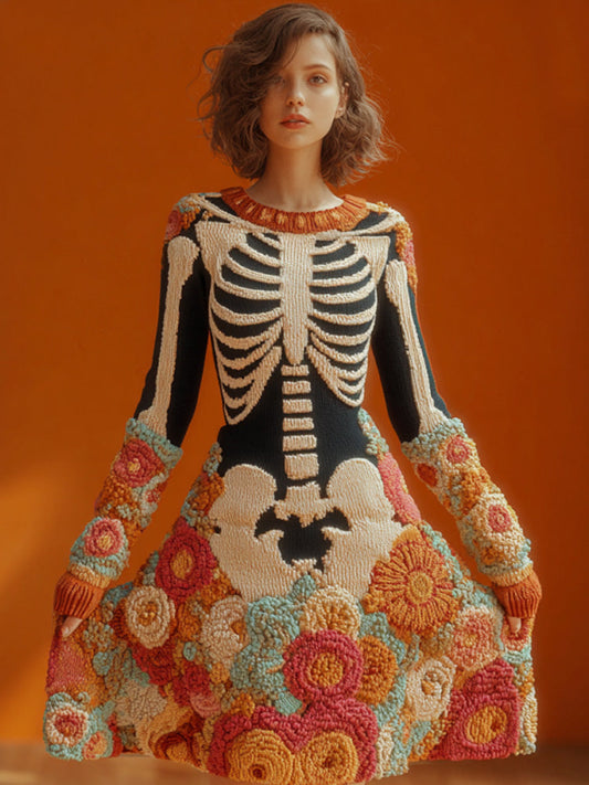 Women's Halloween Warm Tone Skull Rose Embroidered Dress artswardrobe