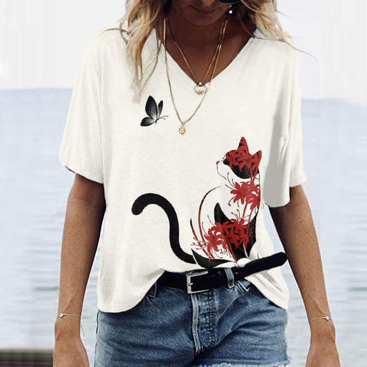 Comstylish Fashionable Floral Cat Art Pattern Women'S T-Shirt