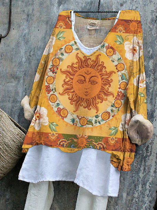 Litha Sun Floral Art Women's Vintage Linen Tunic artswardrobe