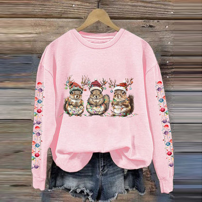 Comstylish Women's Christmas Squirrel Print Crew Neck Sweatshirt