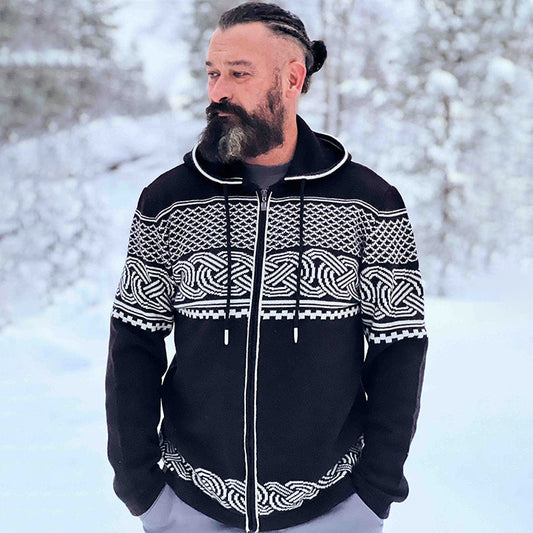 Men's Viking Art Jacquard Knitting Hooded Cardigan artswardrobe