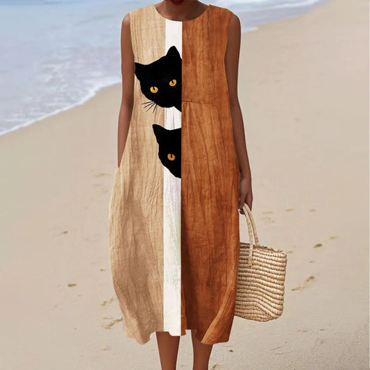 Comstylish Women's Vintage Abstract Geometric Black Cat Art Linen Tank Midi Dress