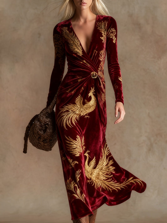 Elegant vintage print V-neck velvet maxi dress