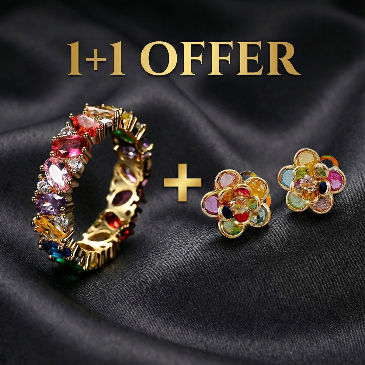1+1 Offer: Colorful Crystal Flower Earrings + Multicolor Zirconia Ring
