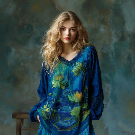 Women's Vintage Lotus Floral Landscape Art Embroidery V-neck T-shirt