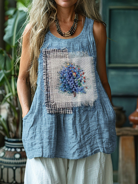 Cottagecore Floral Embroidered Patch Linen Tank Top artswardrobe