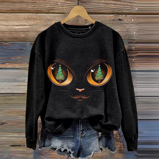 Comstylish Abstract Creative Christmas Tree In Cat Eyes Print Crew Neck Casual Sweatshirt
