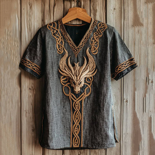 Men's Viking Dragon Embroidery Linen T Shirt artswardrobe