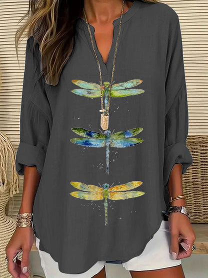 Comstylish Women's Dragonfly Print Casual Shirt