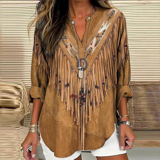 Comstylish Vintage Western Tassels Print Loose Casual Cotton Linen Shirt