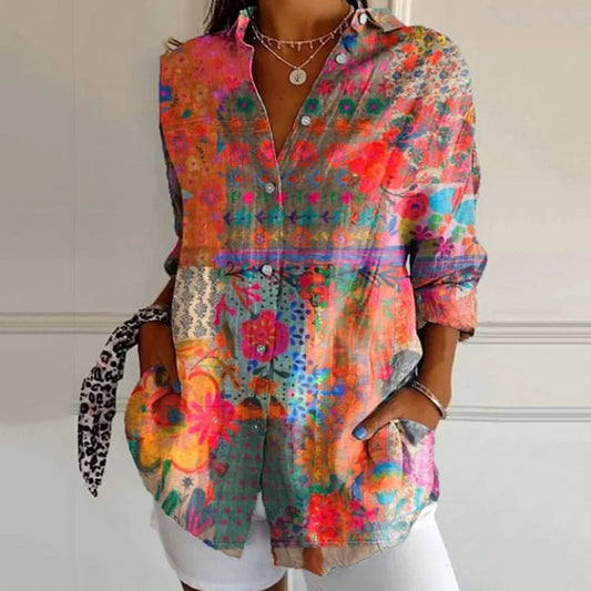 Comstylish Abstract Floral Art Print Linen Blend Shirt