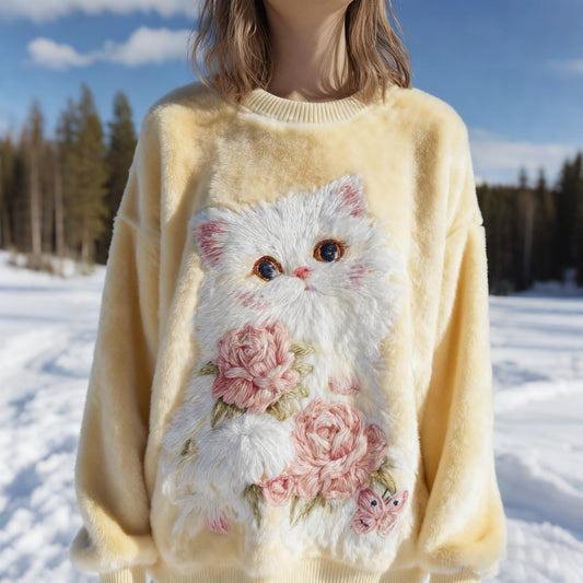 Comstylish Women's Cat And Flower Pattern Crew Neck Cozy Plush Sweatshirt