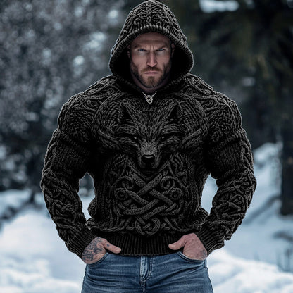 Retro Wolf Inspired Viking Celtic Jacquard Chunky Hooded Sweater elevenforest