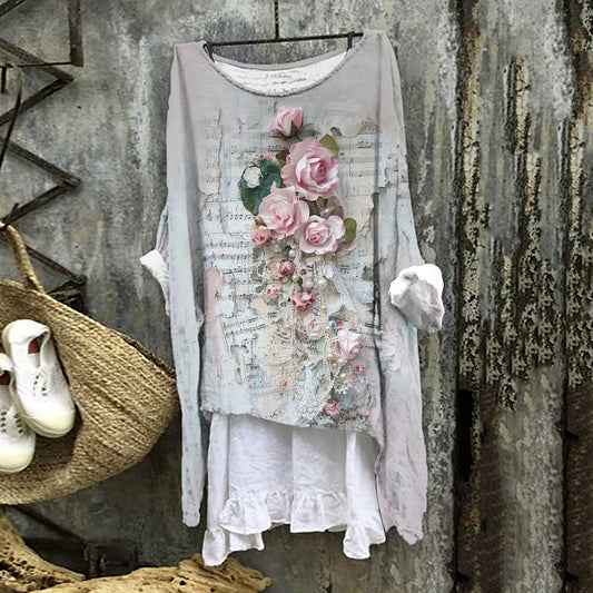 Comstylish Women's Floral Musical Notes Embroidery Art Linen Blend Vintage Shirt