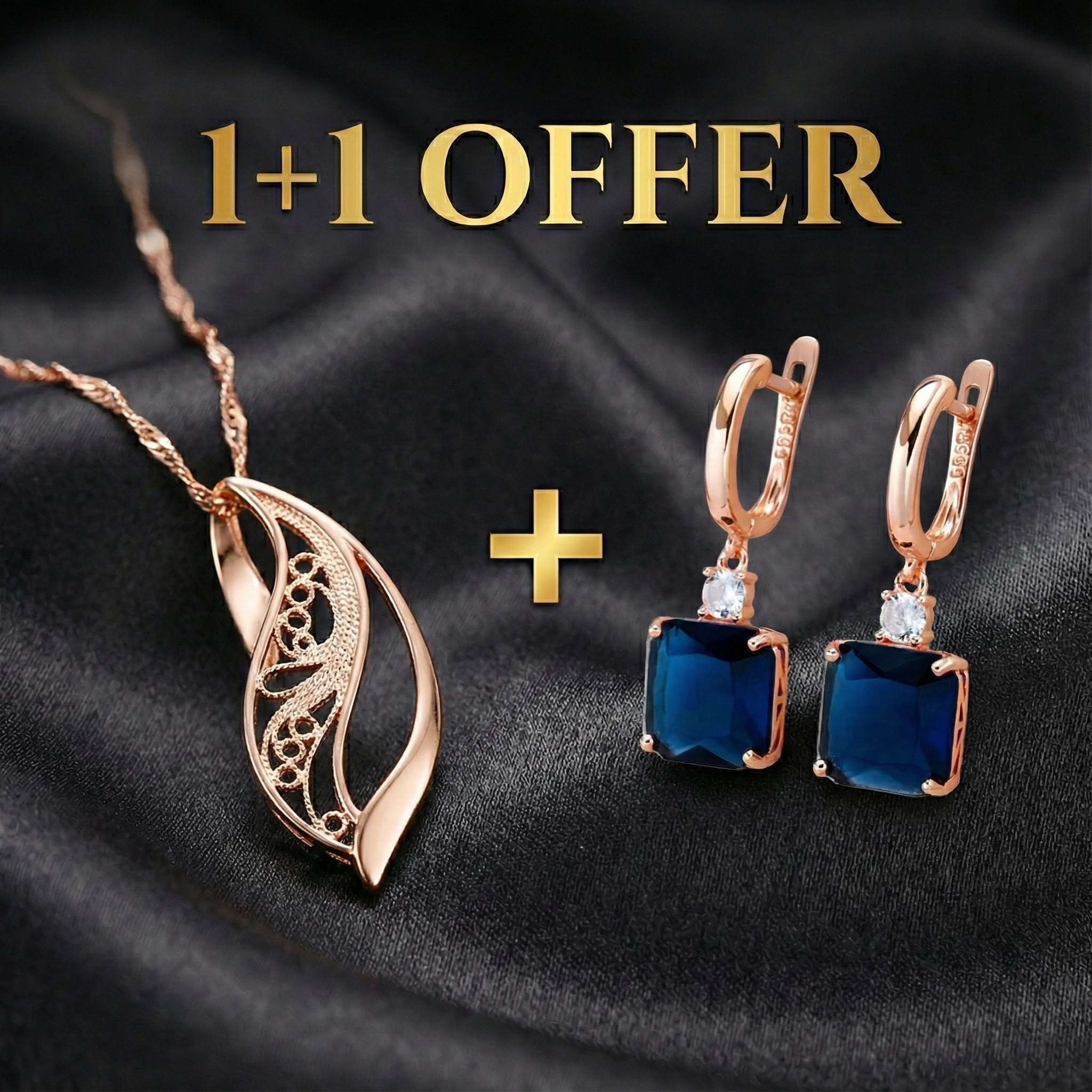 1+1 Offer: Earrings With Dark Blue Crystal in Gold + Harmonious Necklace in Gold
