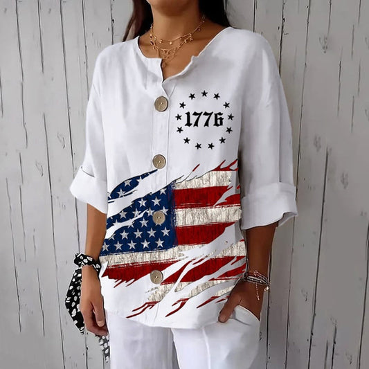 Comstylish Women's Independence Day Flag Print Button Linen Blend Shirt