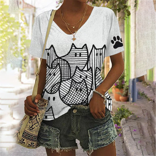 Women's Cute Line Cats Print V Neck T-shirt elevenforest