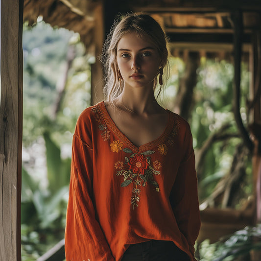 Fashionable Bohemian Floral Embroidery Linen V-neck Shirt artswardrobe