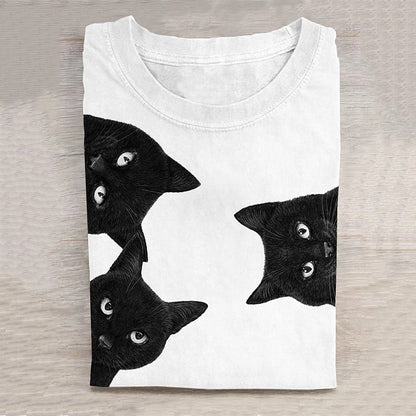 Unisex Black Cat Art Print Casual Tee elevenforest
