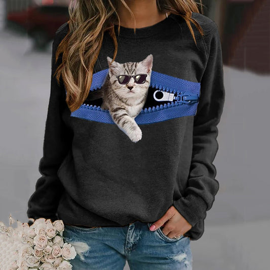 Women's Cat With Zipper Print Crew Neck Sweatshirt elevenforest