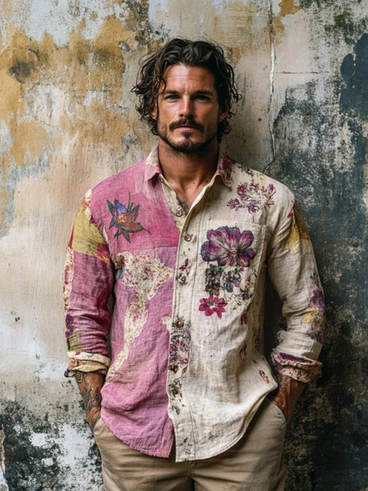 Boho Floral Art Vintage Men's Linen Shirt artswardrobe