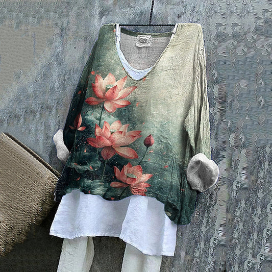Comstylish Vintage Retro Lotus Inspired Design Art Linen Blend Tunic