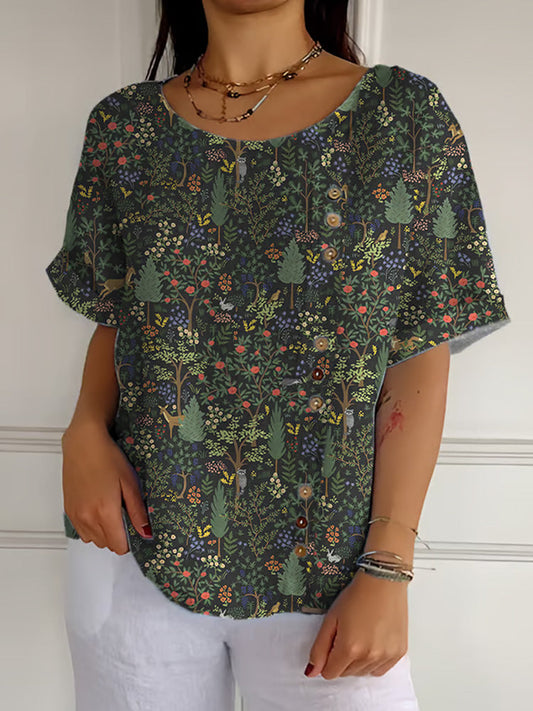 Comstylish Women's Casual Forest Animal Plant Flower Cotton And Linen Shirt
