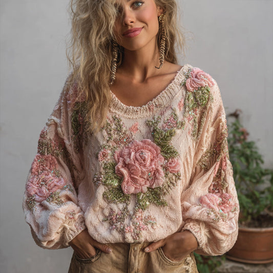 Women's Vintage Jacquard Pink Warm Round-neck Sweater elevenforest