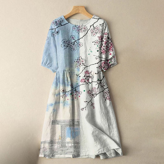Comstylish Japanese Watercolor Floral Splicing Print Cotton Linen Blend Midi Dress