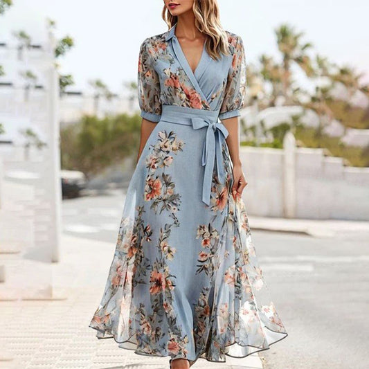 LM | Blue short-sleeved midi dress with a pointed neckline