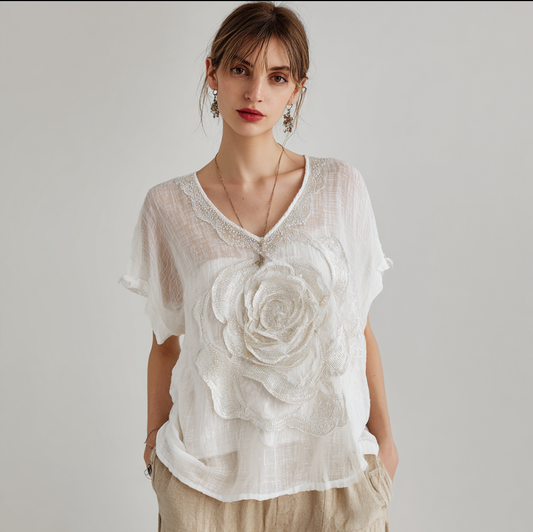 Bohemian Style Woman's V-neck White Rose Short-sleeved Shirt artswardrobe