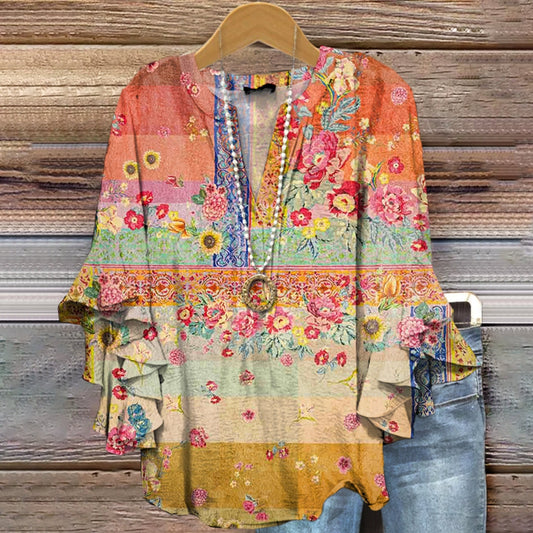 Women's Floral Pattern Art Print Cotton Linen Casual Shirt