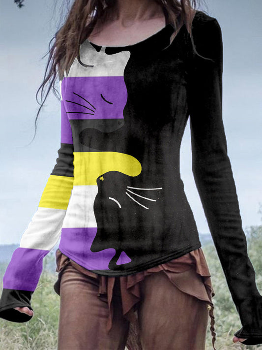 Non-binary Yin Yang Cat Print Vintage Washed T Shirt elevenforest