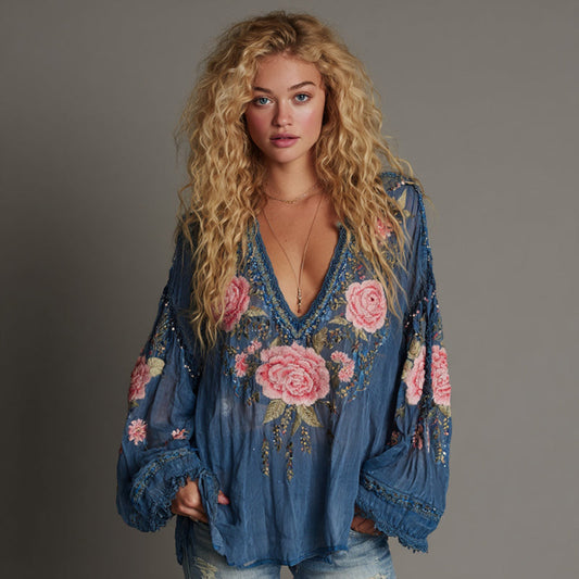 Comstylish Vintage Pink Roses Embroidered Linen Blend T-shirt