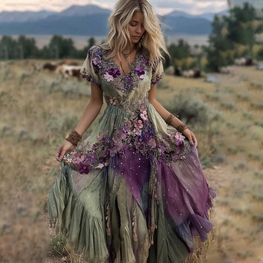 Vintage Gradient Purple Pansy Embroidered Linen Maxi Dress artswardrobe