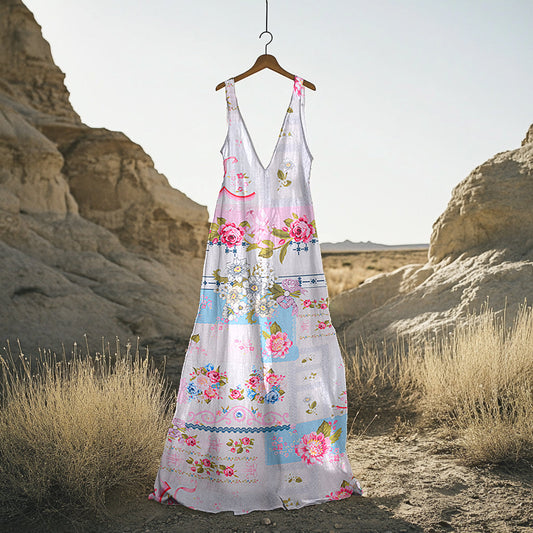 Comstylish Women's Vintage Floral Patchwork Cotton And Linen Sleeveless Dress