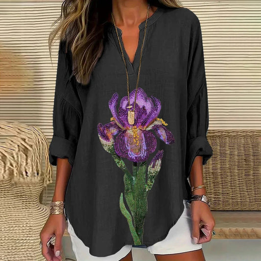 Comstylish Women's Purple Flower Art Casual V Neck Shirt