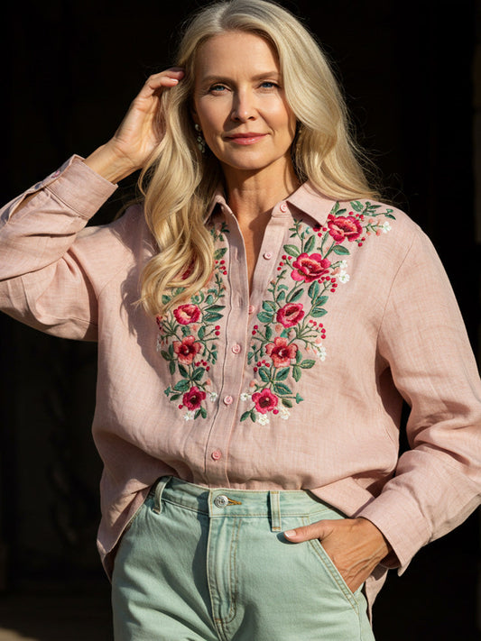Women's Linen Bohemia Style Floral Long-sleeved Breathable Top Shirt artswardrobe