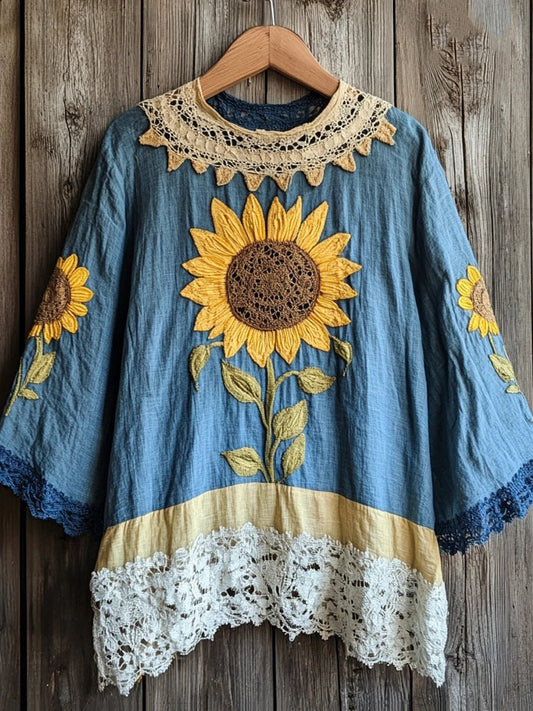 Women's Boho Sunflowers Embroidered Lace Patchwork Linen Shirt artswardrobe
