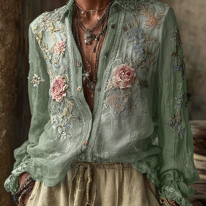 Women's Vintage Bohemian Floral Pattern Linen Long Sleeve Shirt artswardrobe