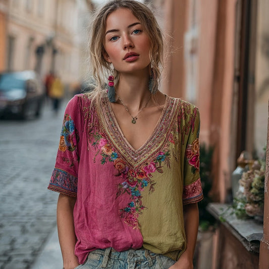 Women's Vintage Bohemian Floral Embroidery Art V-neck Linen Blend T-shirt